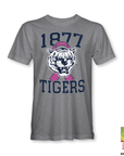 Heather gray T-shirt with 1977 Tigers tiger head and pink ribbon graphic