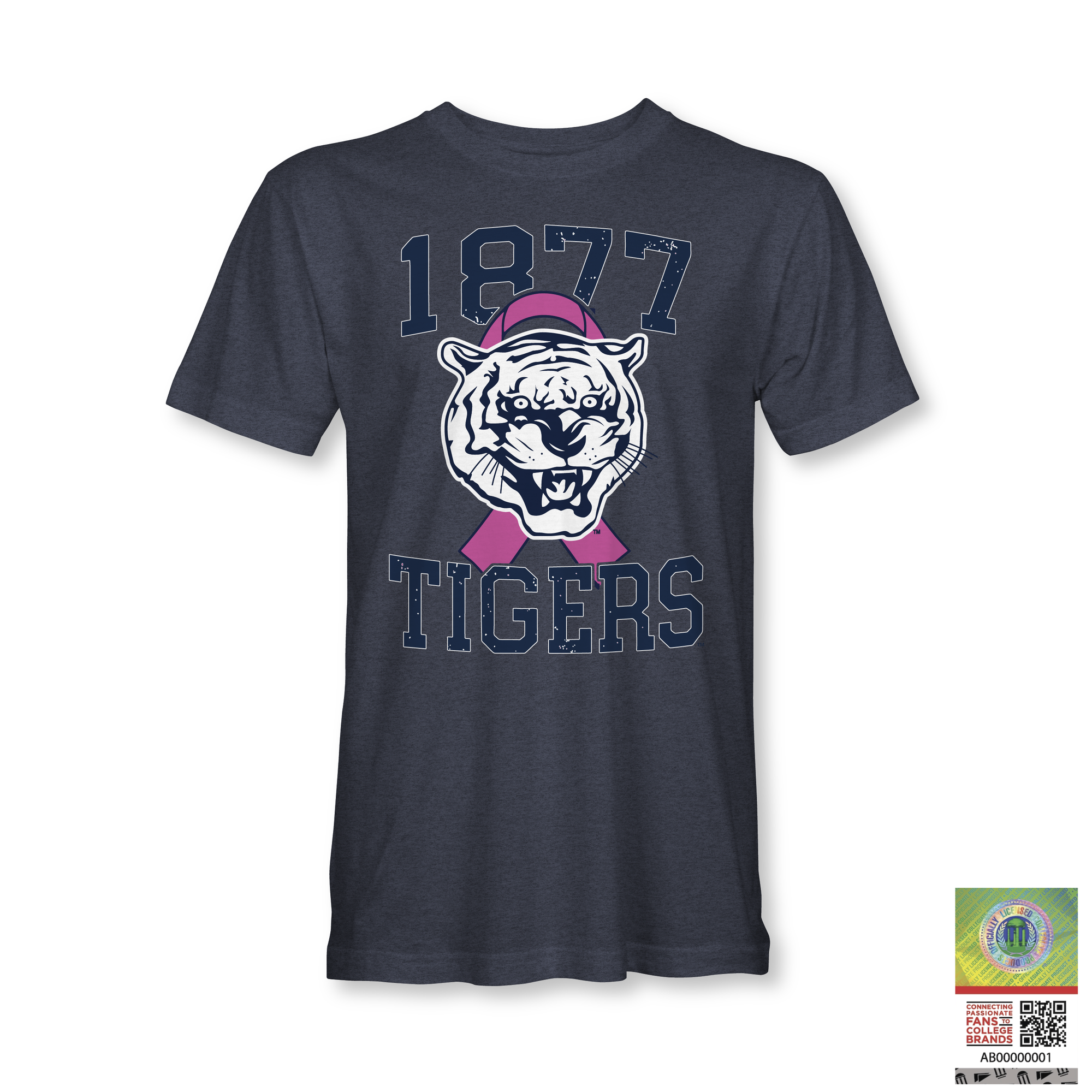 Navy T-shirt with 1977 Tigers tiger head and pink ribbon graphic