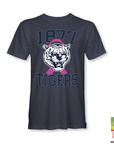 Navy T-shirt with 1977 Tigers tiger head and pink ribbon graphic