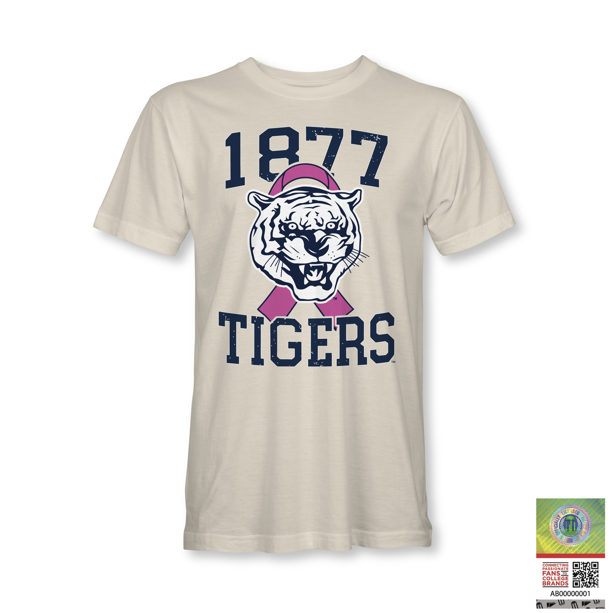 Cream T-shirt with 1977 Tigers tiger head and pink ribbon graphic