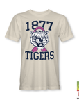 Cream T-shirt with 1977 Tigers tiger head and pink ribbon graphic