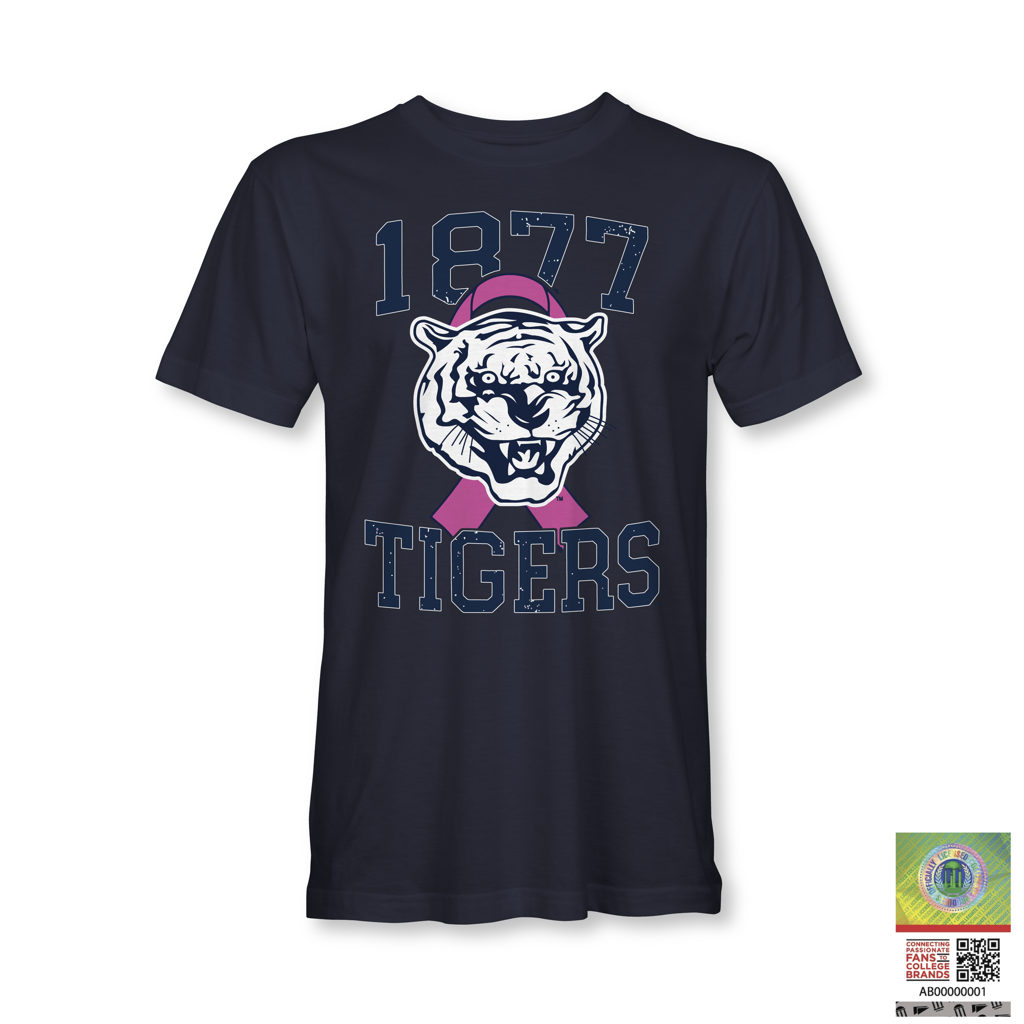 Dark navy T-shirt with 1977 Tigers tiger head and pink ribbon graphic