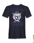 Dark navy T-shirt with 1977 Tigers tiger head and pink ribbon graphic