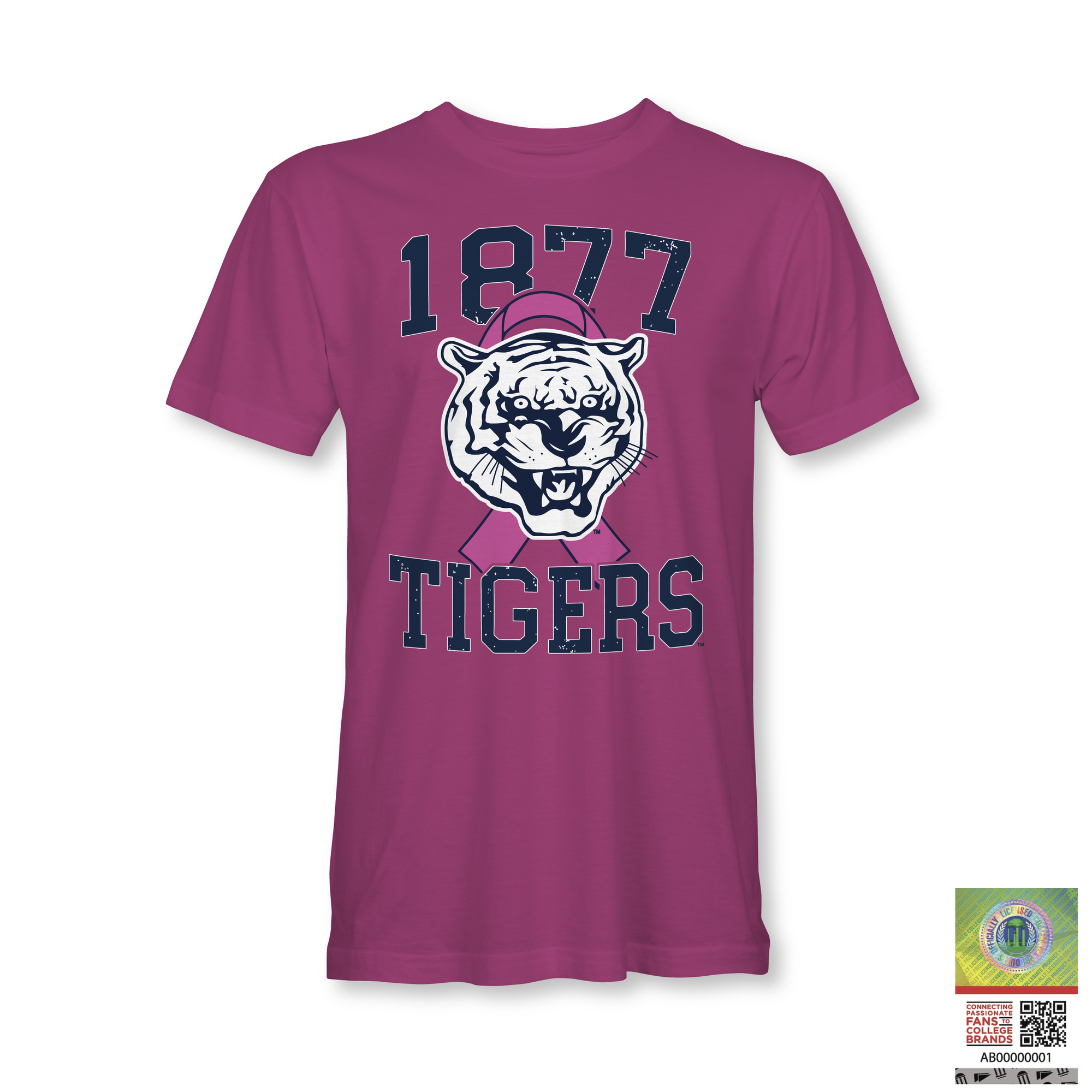 Burgundy T-shirt with 1977 Tigers tiger head and pink ribbon graphic