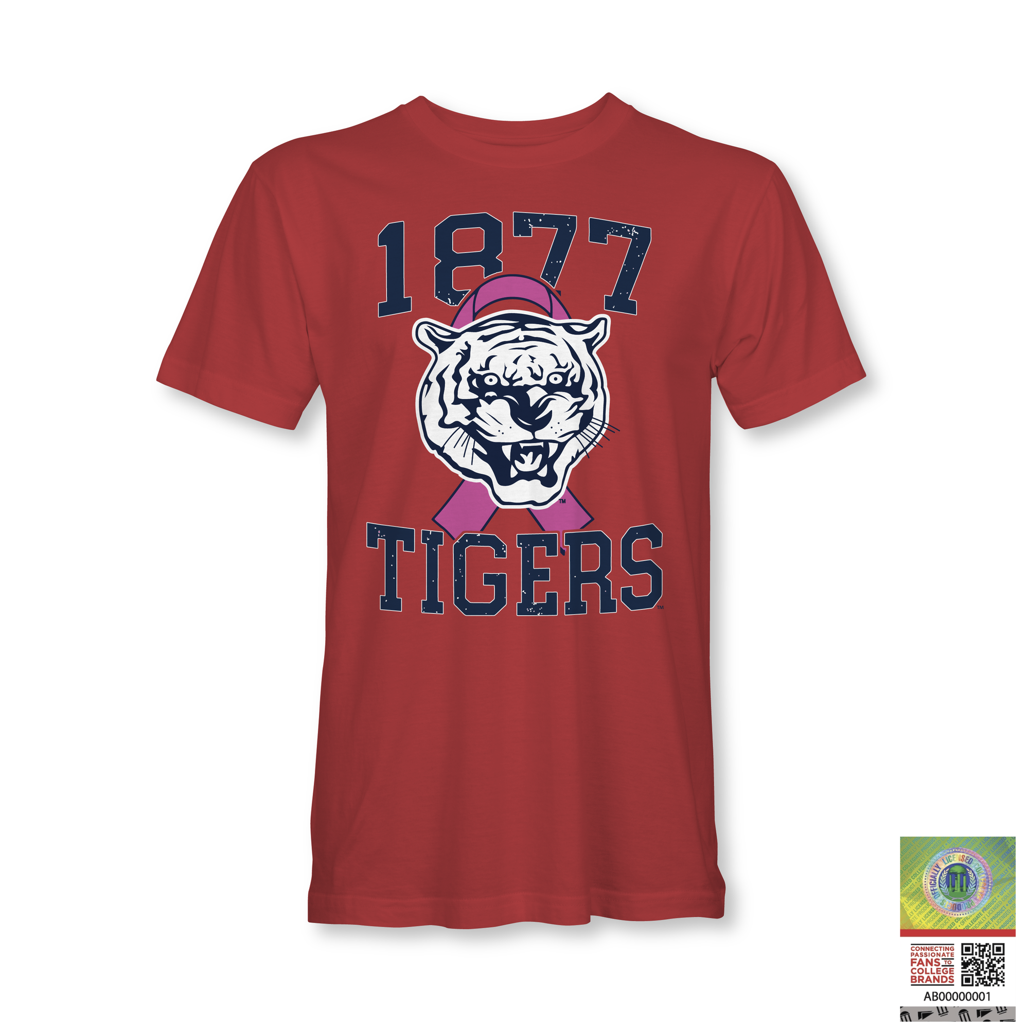 Red T-shirt with 1977 Tigers tiger head and pink ribbon graphic