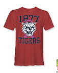 Red T-shirt with 1977 Tigers tiger head and pink ribbon graphic