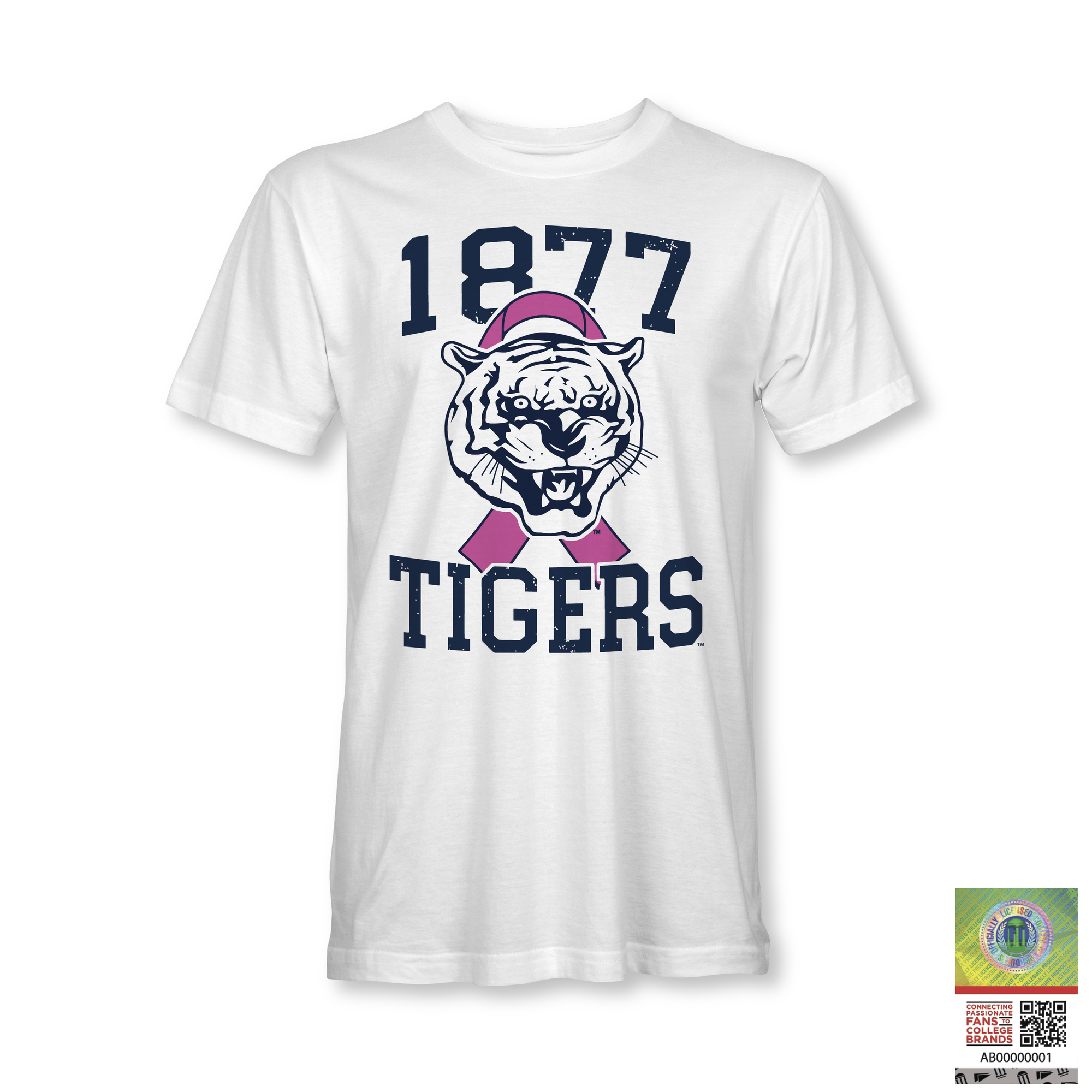 White T-shirt with 1977 Tigers tiger head and pink ribbon graphic