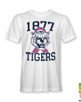 White T-shirt with 1977 Tigers tiger head and pink ribbon graphic