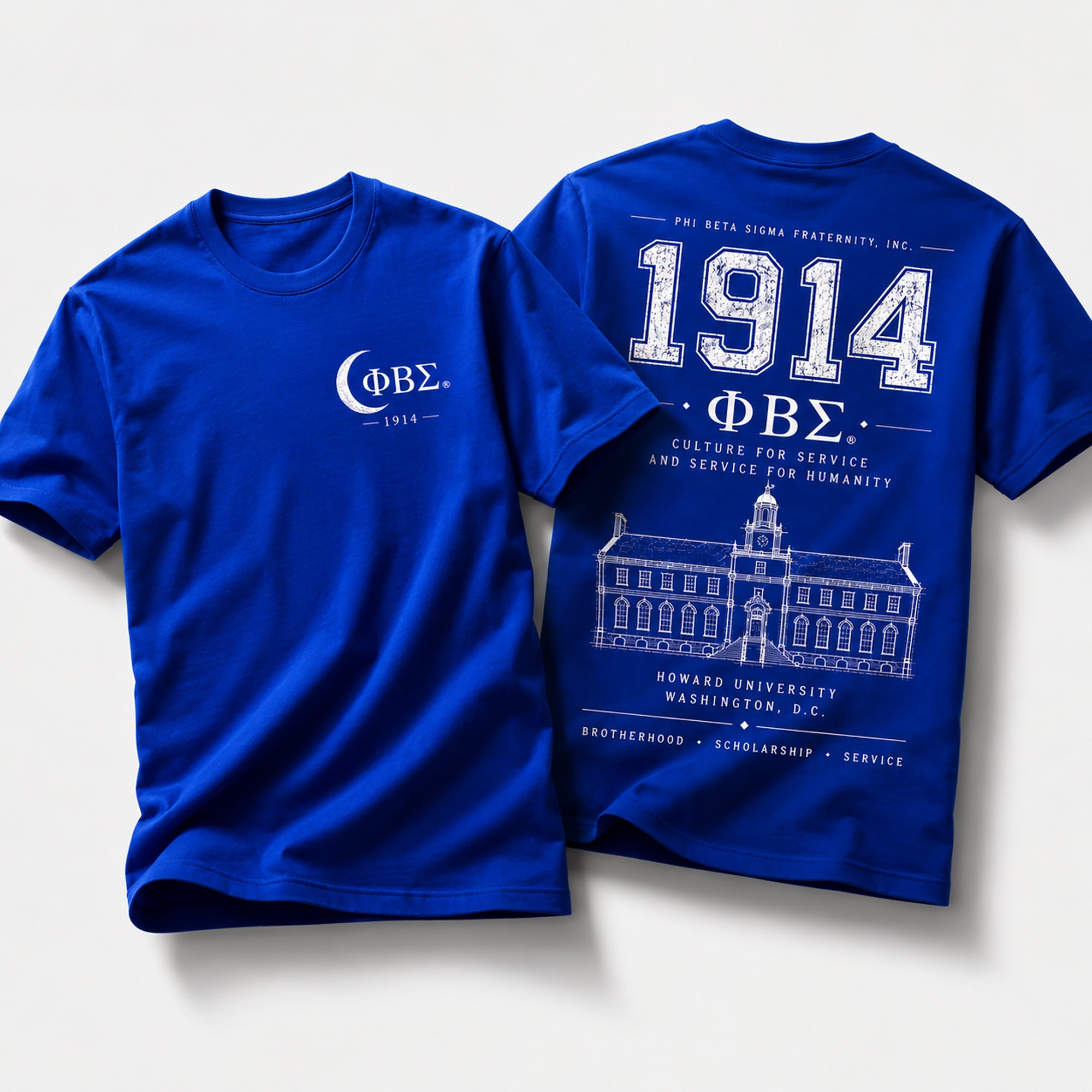 Front and back view of Phi Beta Sigma 1914 t-shirt featuring distressed collegiate artwork and Howard University illustration