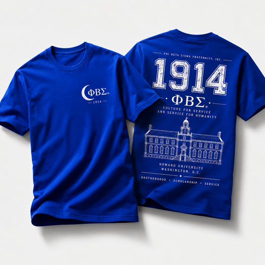 Front and back view of Phi Beta Sigma 1914 t-shirt featuring distressed collegiate artwork and Howard University illustration