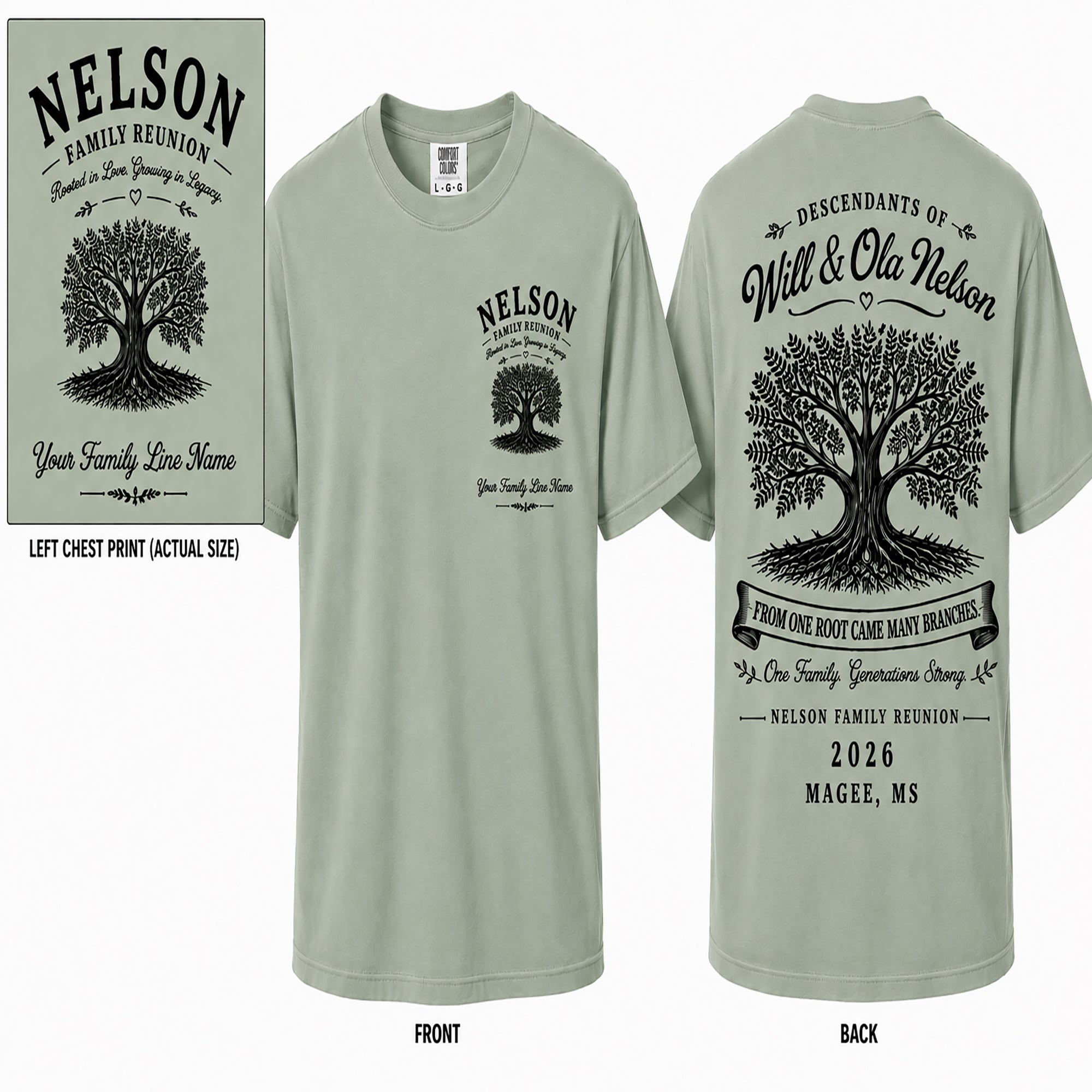 Light sage Nelson family reunion T-shirt with tree graphic on front and back text