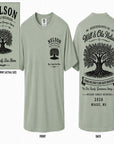 Light sage Nelson family reunion T-shirt with tree graphic on front and back text
