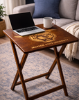 Dark wood folding tray table with engraved “J’thee” script and Jackson State University tiger crest