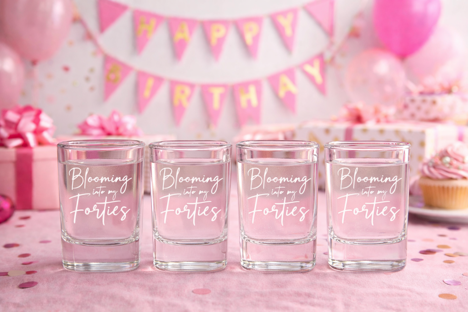 Four shot glasses with 'Blooming into my Forties' text on a birthday-themed background with balloons and cake.