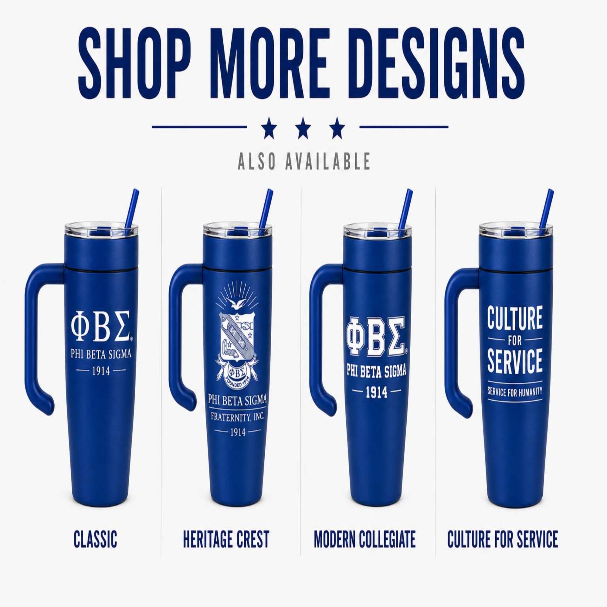 Four blue tumblers with different designs on a white background