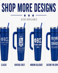 Four blue tumblers with different designs on a white background