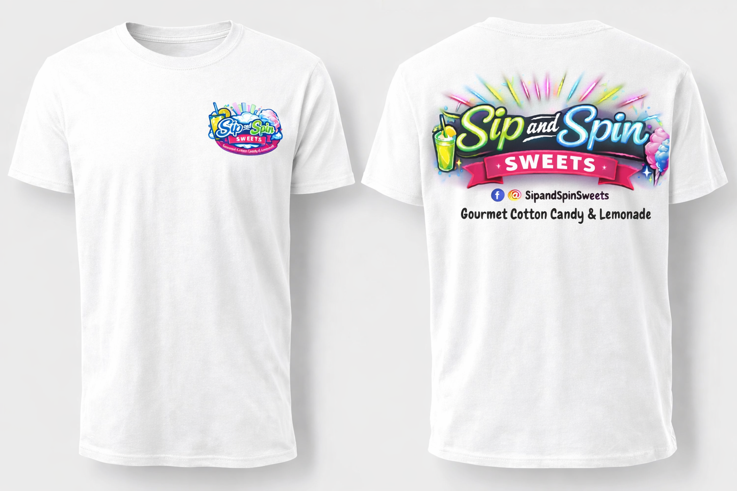 White t-shirt with colorful graphics and text on a white background