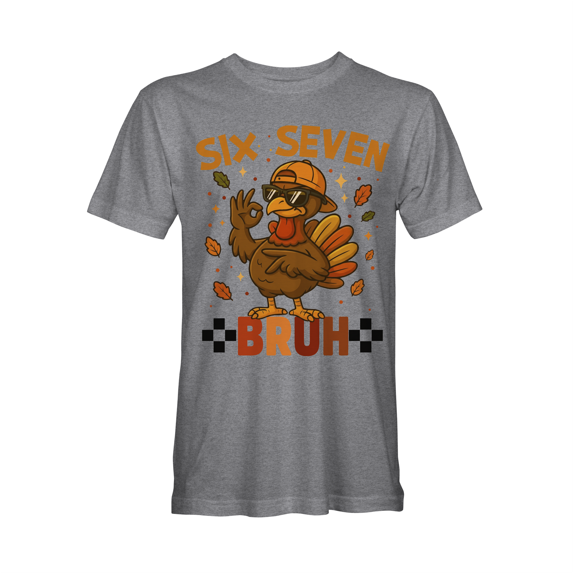 Gray short-sleeve T-shirt with cartoon turkey and 'BRUH' graphic