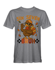 Gray short-sleeve T-shirt with cartoon turkey and 'BRUH' graphic