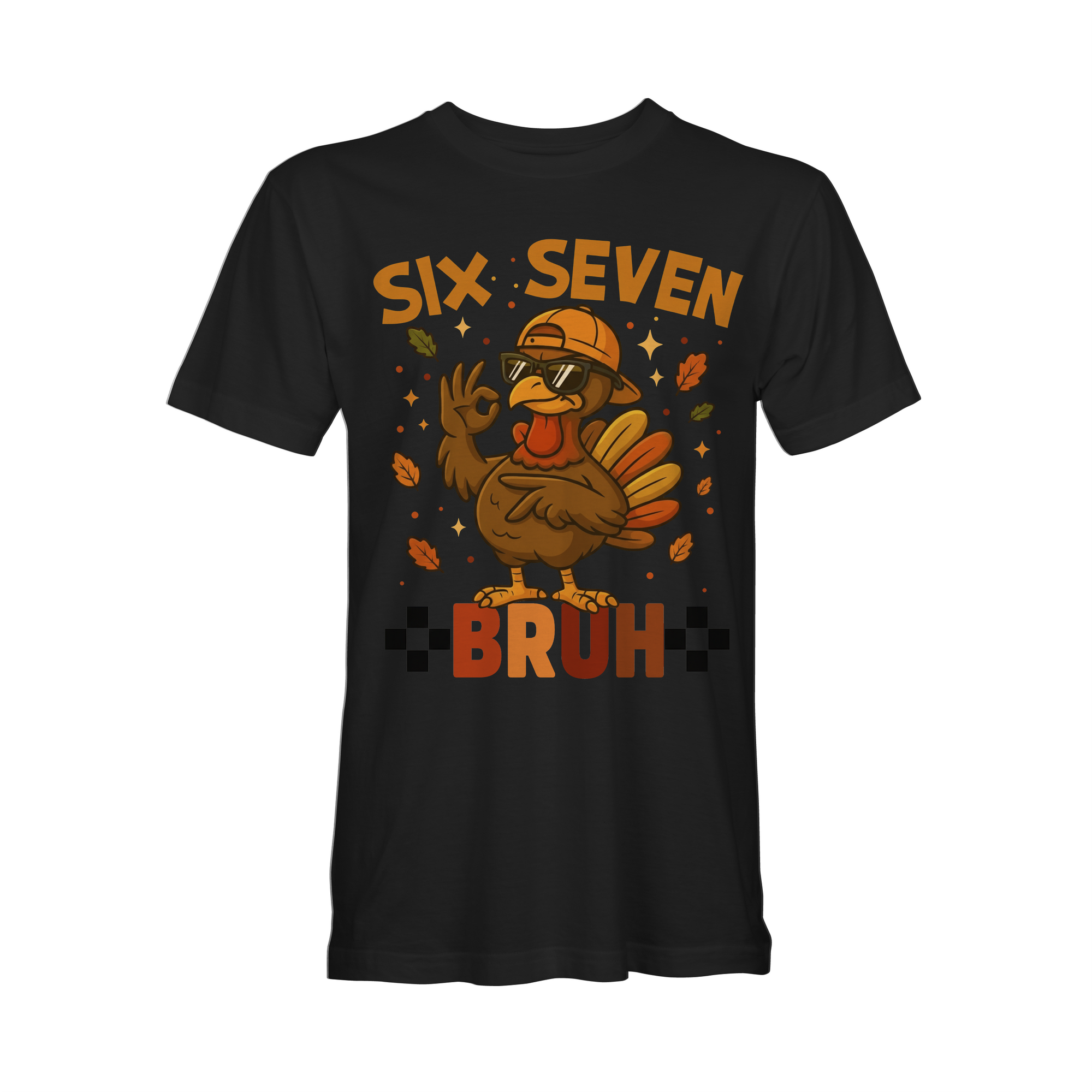 Black short-sleeve T-shirt with cartoon turkey and 'BRUH' graphic