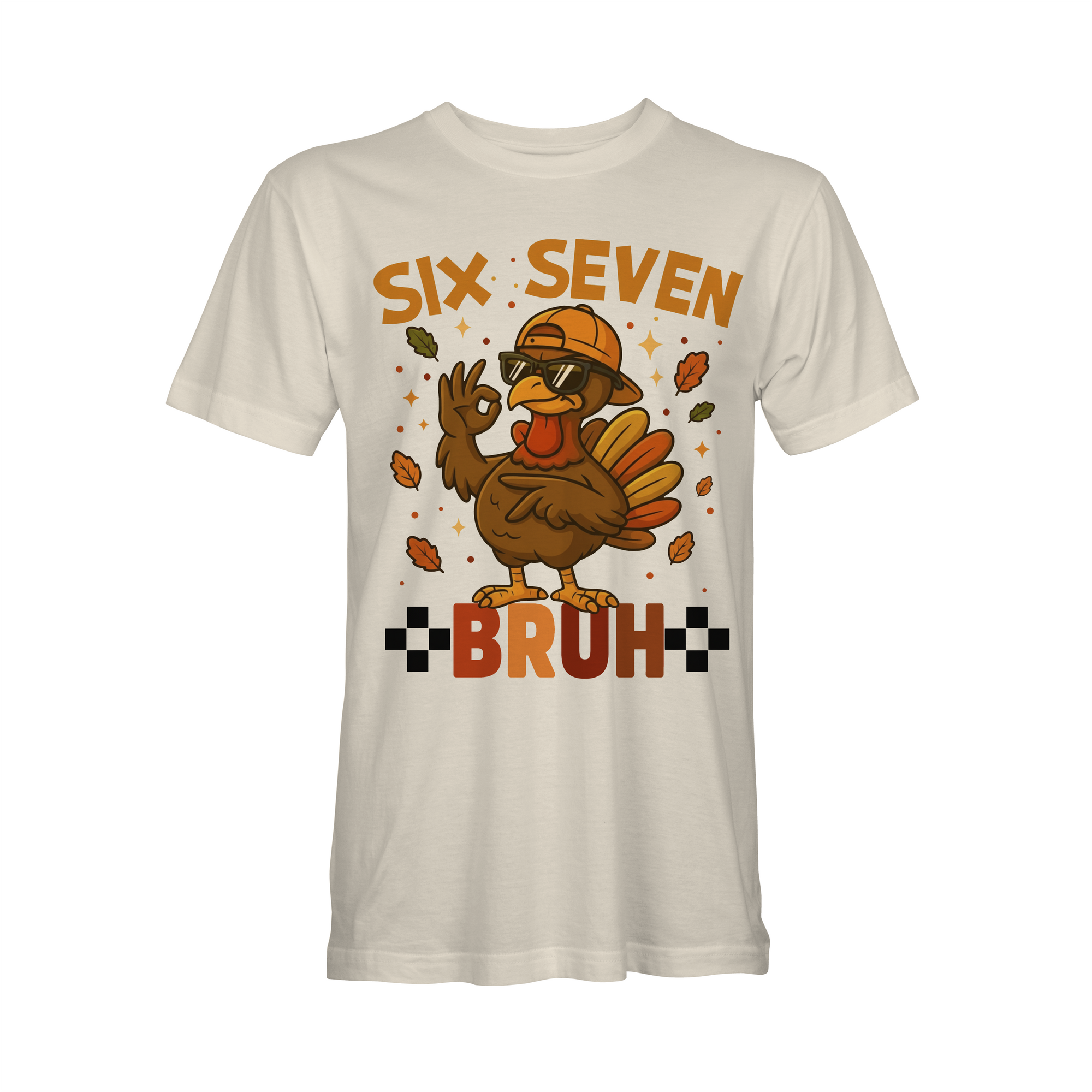 White short-sleeve T-shirt with cartoon turkey and 'BRUH' graphic