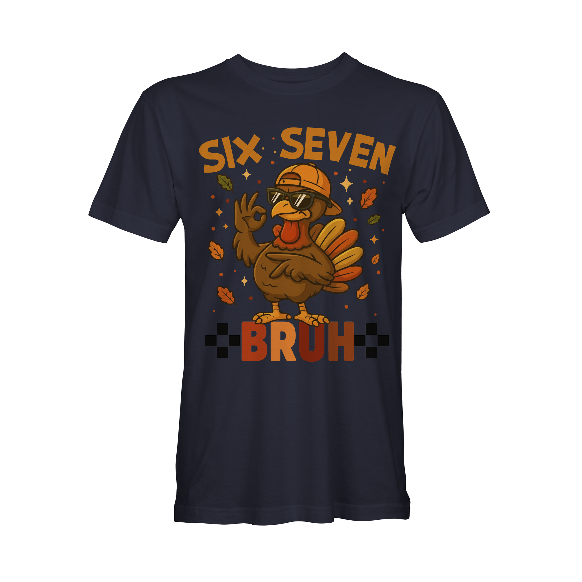 Navy short-sleeve T-shirt with cartoon turkey and 'BRUH' graphic