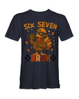 Navy short-sleeve T-shirt with cartoon turkey and 'BRUH' graphic