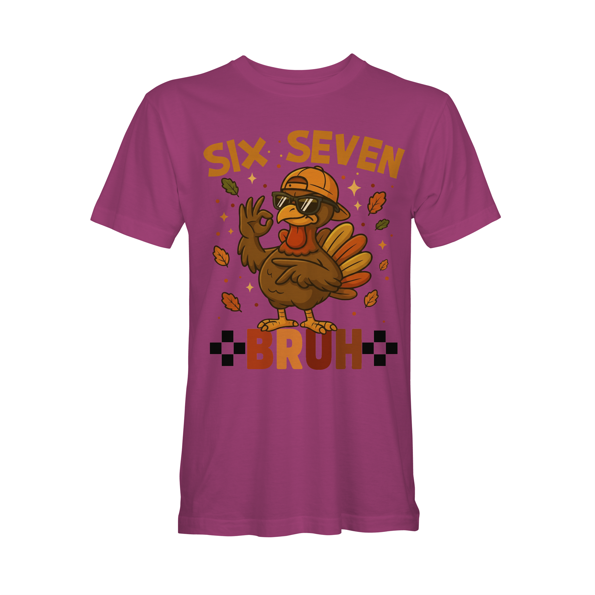 Pink short-sleeve T-shirt with cartoon turkey and 'BRUH' graphic