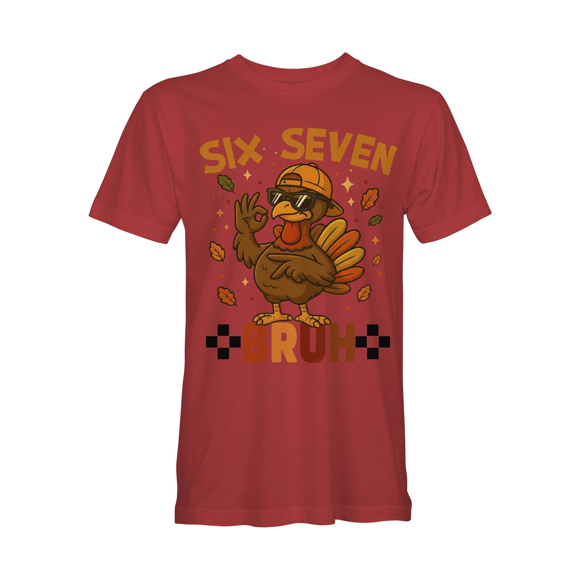 Red short-sleeve T-shirt with cartoon turkey and 'BRUH' graphic