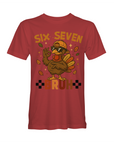 Red short-sleeve T-shirt with cartoon turkey and 'BRUH' graphic