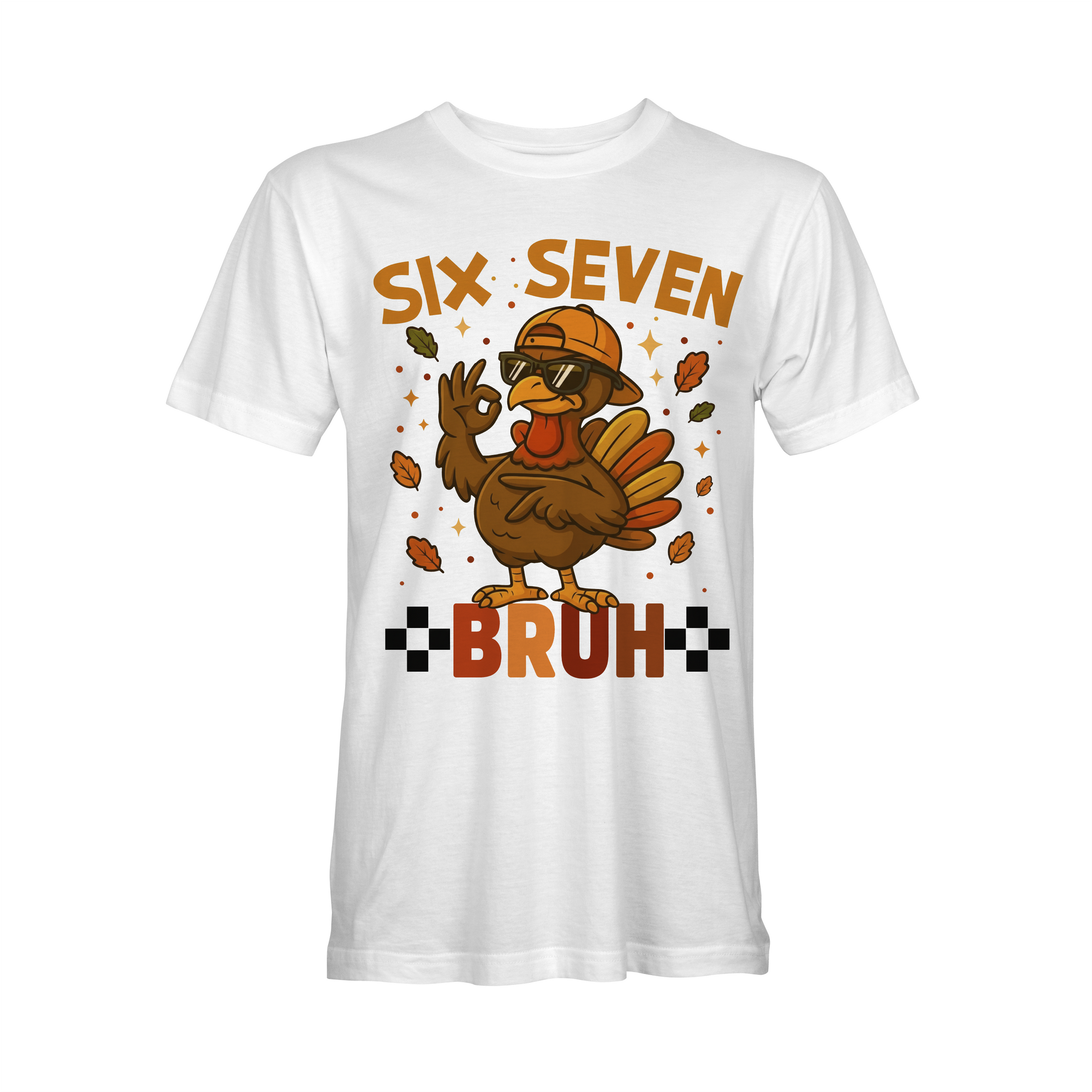 White short-sleeve T-shirt with centered cartoon turkey and 'BRUH' text