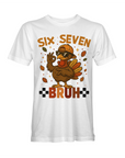 White short-sleeve T-shirt with centered cartoon turkey and 'BRUH' text