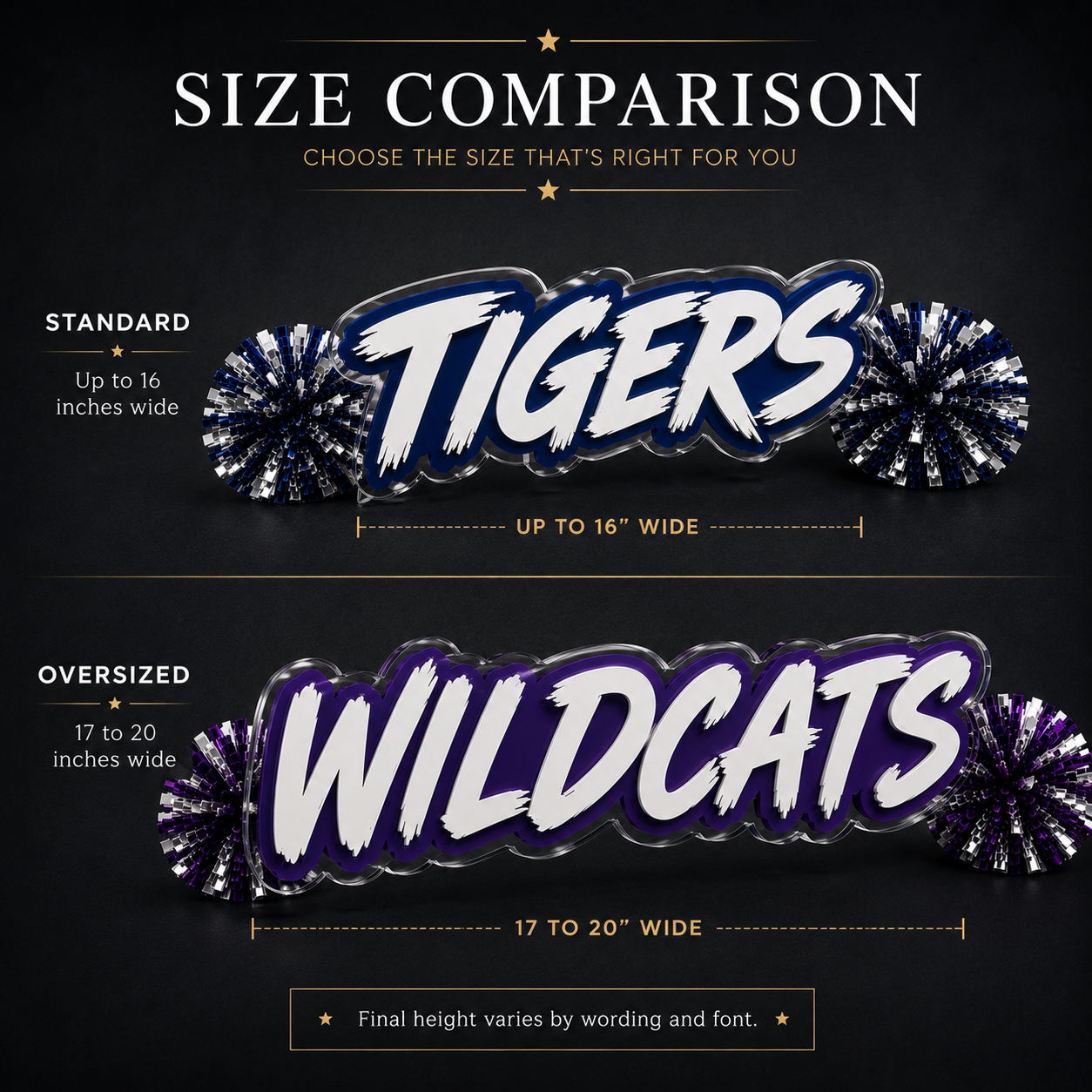 Spirit stick size comparison with standard and oversized lettering and matching pom-poms