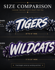Spirit stick size comparison with standard and oversized lettering and matching pom-poms