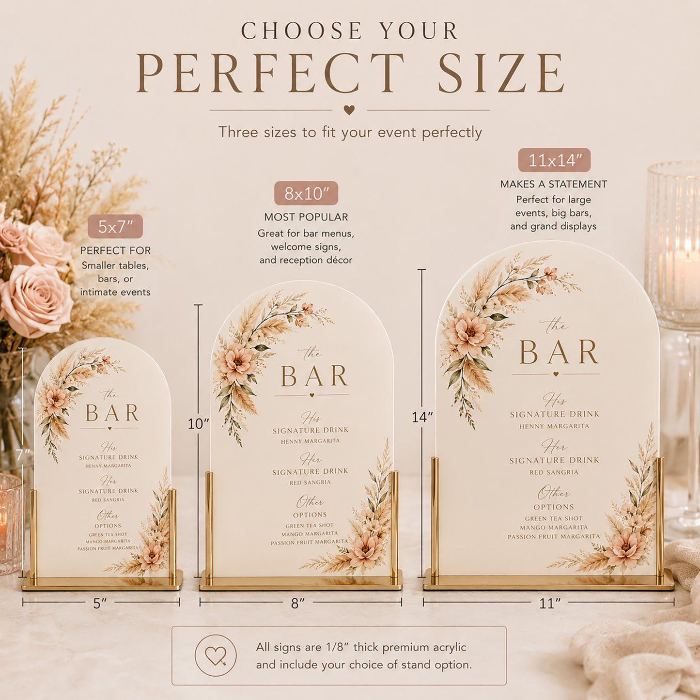 Decorative wedding signs with floral designs and text, shown in various sizes with stand options.