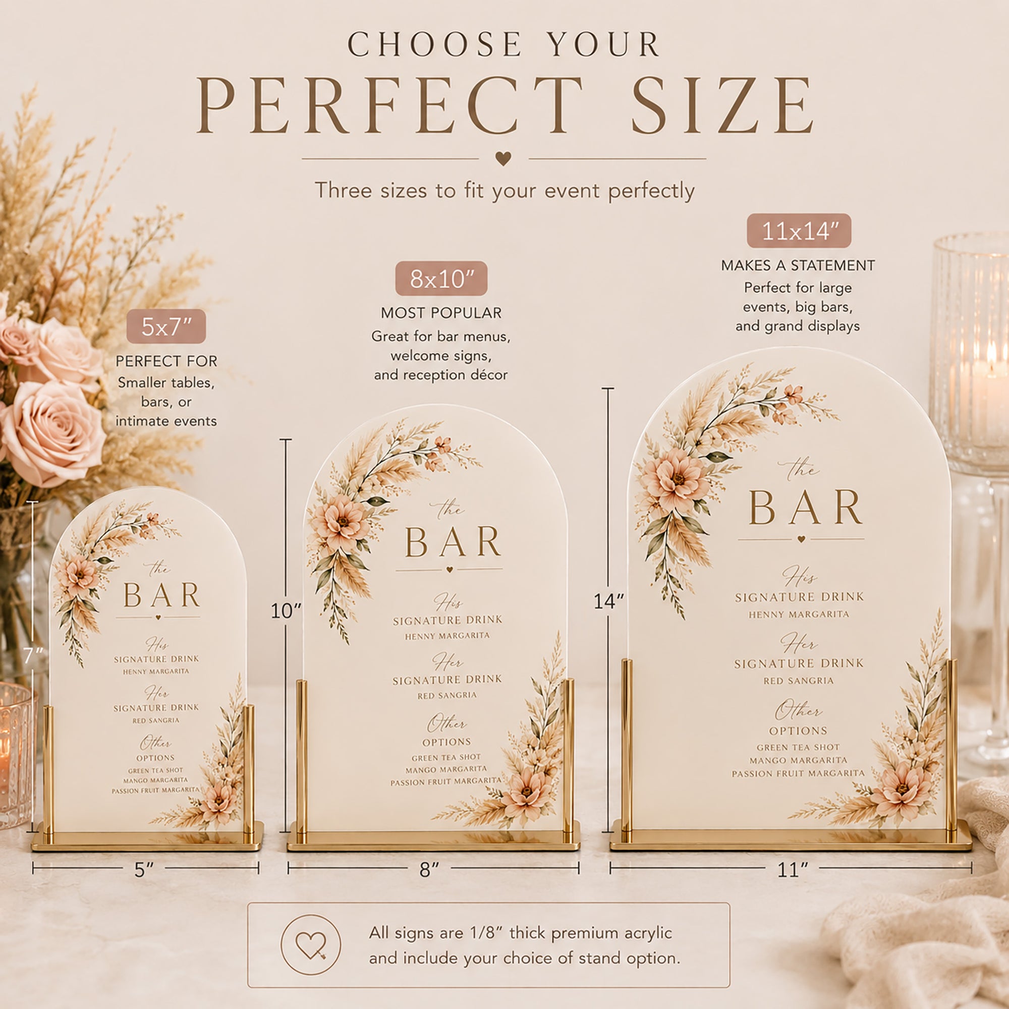 Decorative wedding signs with floral designs and text, shown in various sizes with stand options.