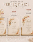 Decorative wedding signs with floral designs and text, shown in various sizes with stand options.
