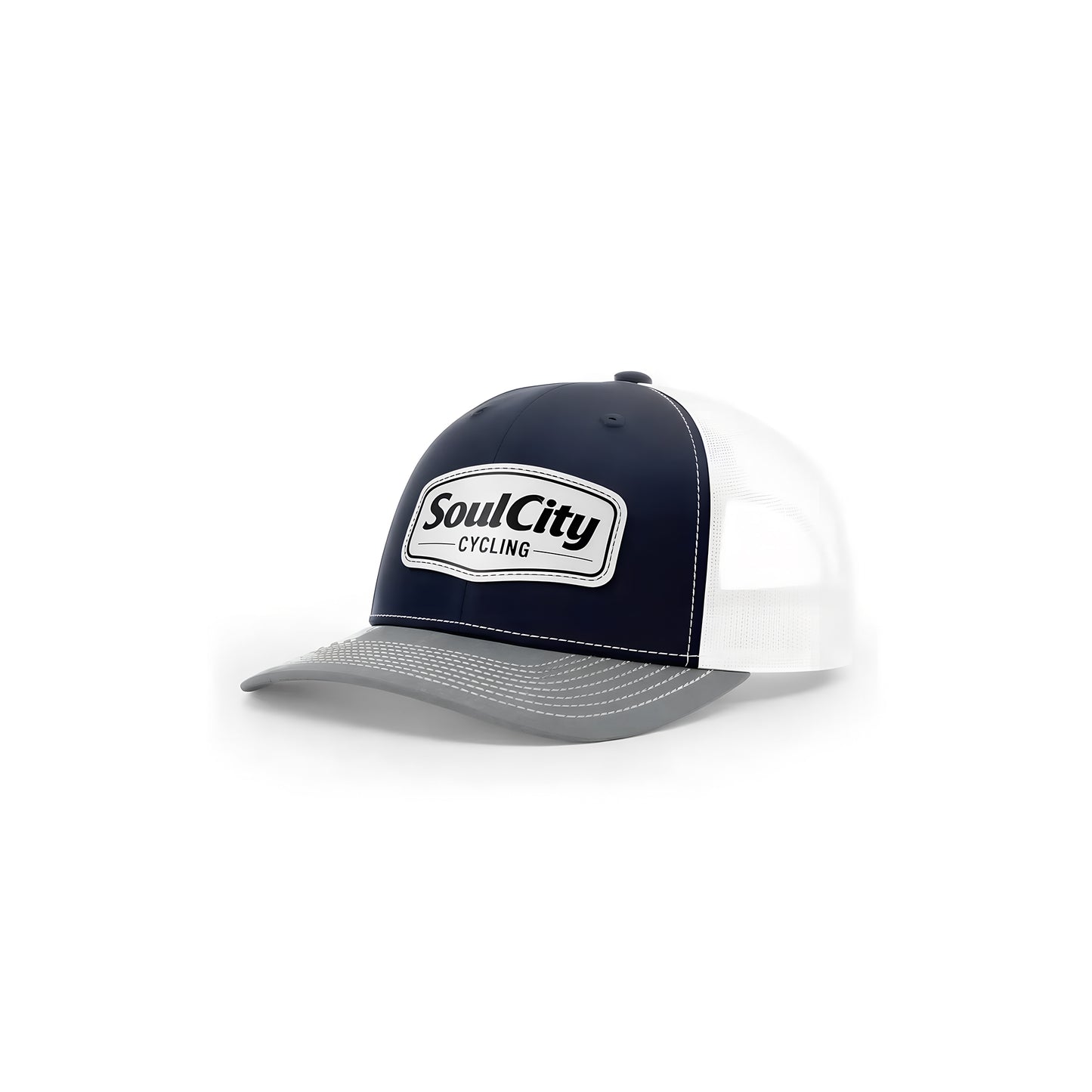 Custom laser engraved leatherette patch hat on Richardson 112 in navy, white, and heather grey with Soul City Cycling logo