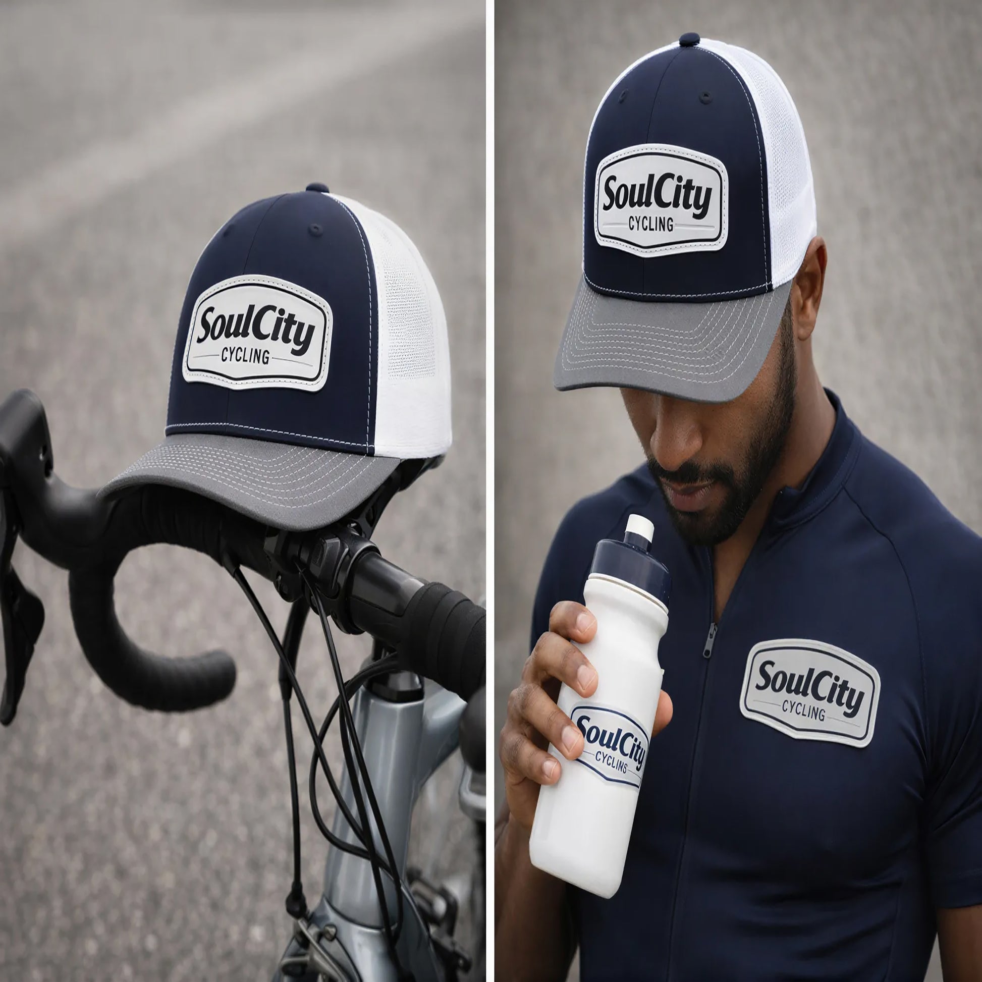 SoulCity Cycling trucker hat resting on bicycle handlebars outdoor lifestyle shot
