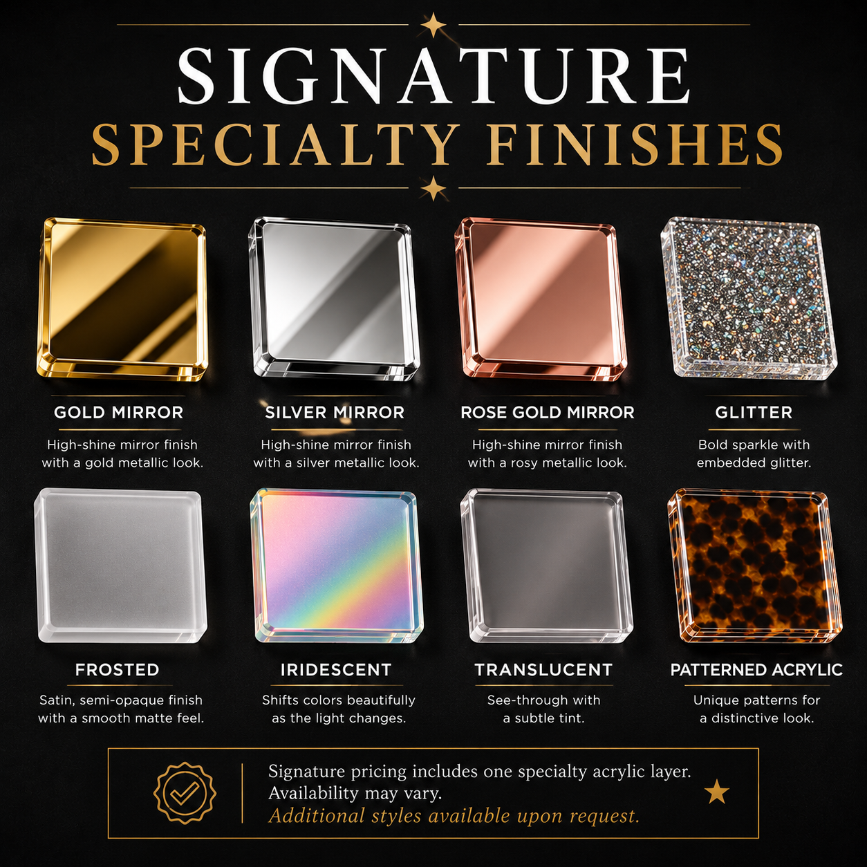 Acrylic spirit stick specialty finish samples: mirror, glitter, frosted, iridescent, translucent