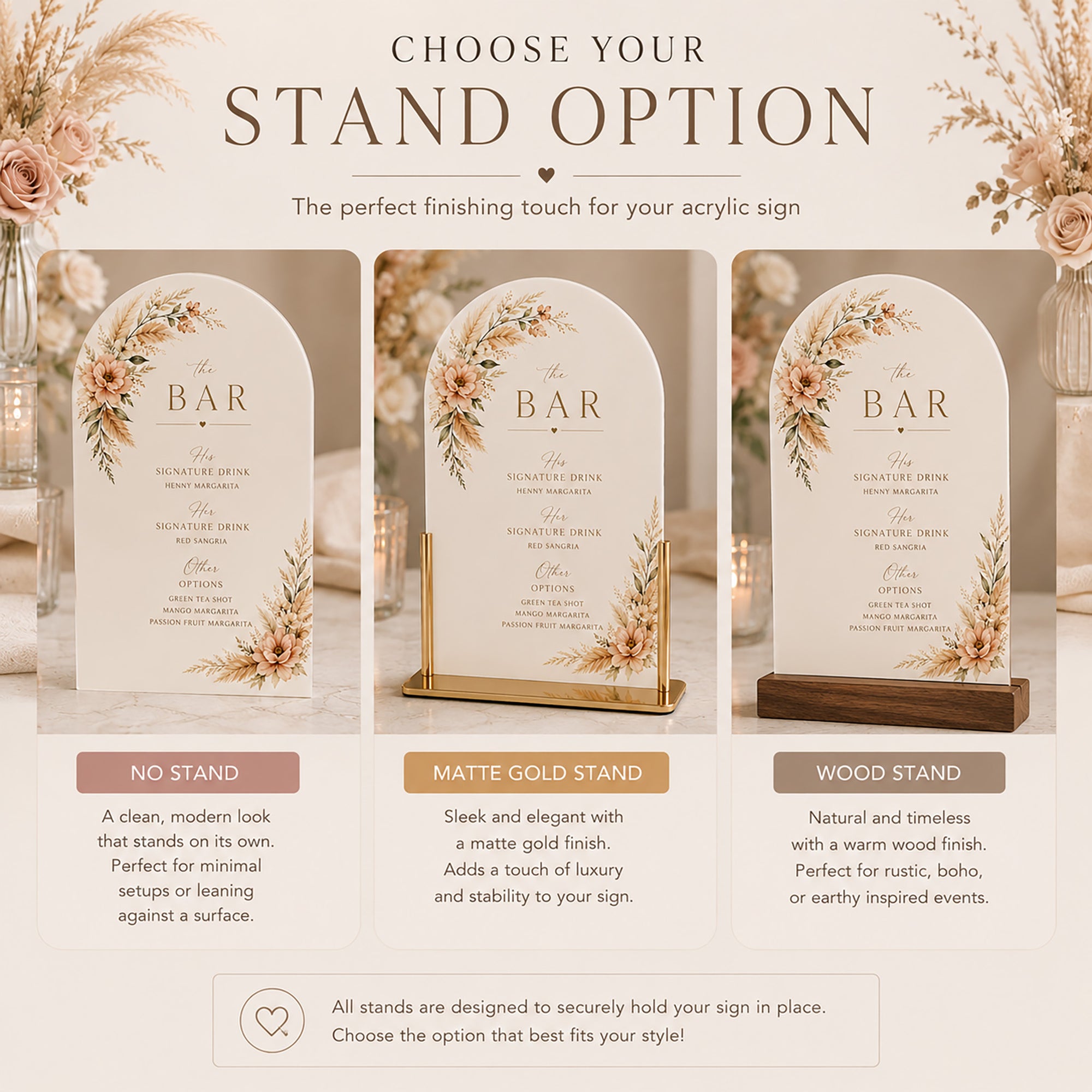 Acrylic sign with floral design and options for stand types on a neutral background.