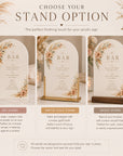 Acrylic sign with floral design and options for stand types on a neutral background.