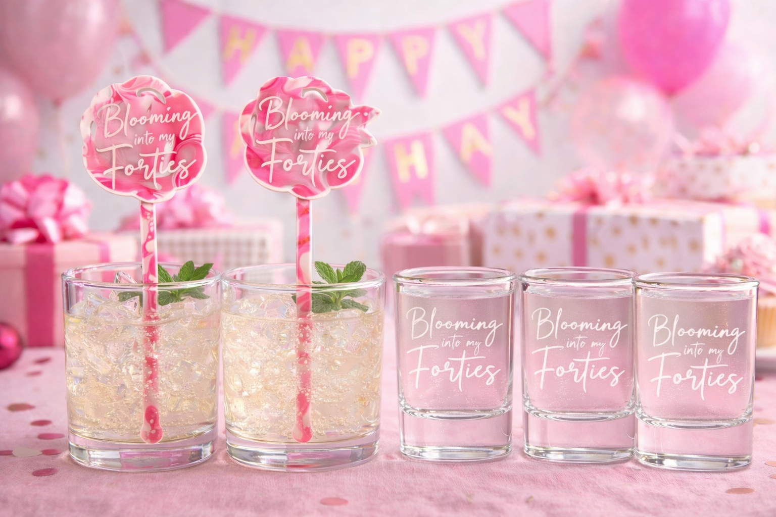 Clear shot glasses with 'Blooming in my Forties' text, pink straws, and decorative background with balloons and gift boxes.