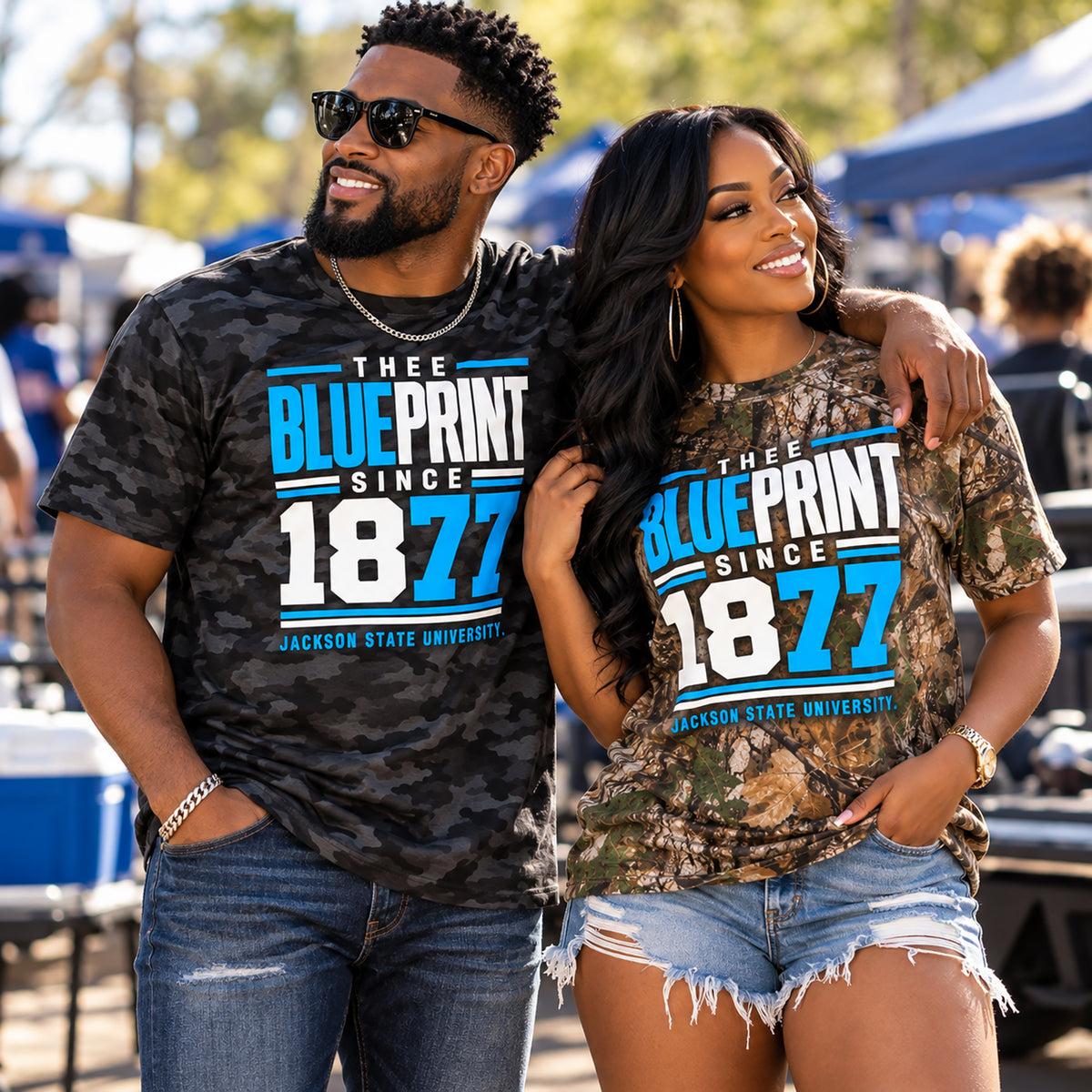 Black models wearing Jackson State Tigers Thee Blueprint camo shirts
