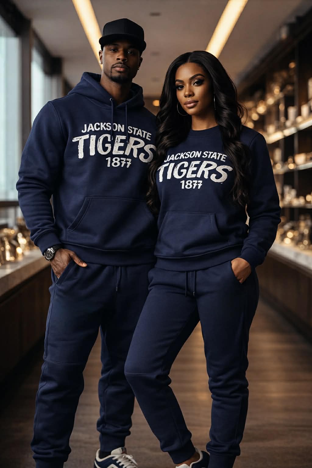 Two people wearing Jackson State Tigers sweatshirts and pants in a bar setting.
