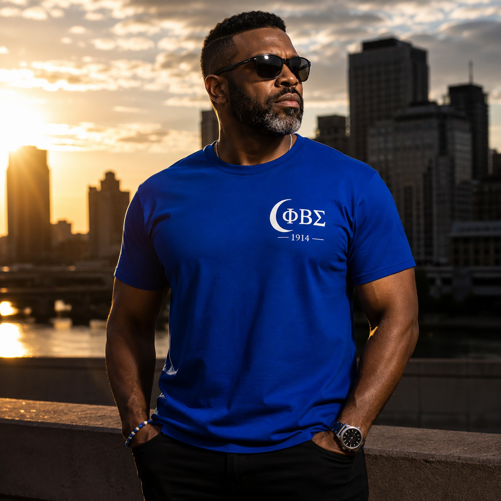 Black professional man wearing Phi Beta Sigma 1914 shirt in editorial-style portrait at sunrise