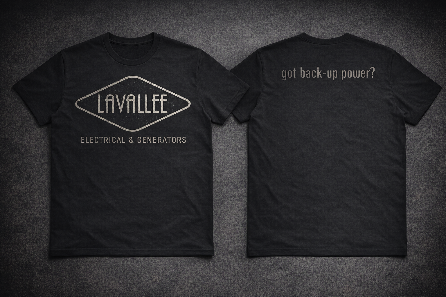 Black t-shirt with 'Lavallee Electrical & Generators' logo on a textured gray background