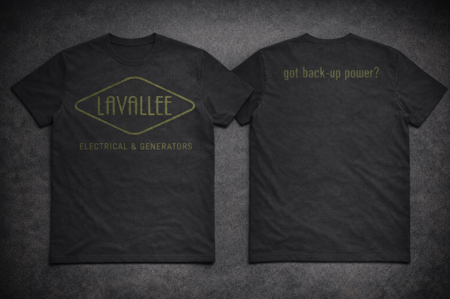 Black t-shirt with 'Lavallee Electrical & Generators' logo on the front and text on the back.