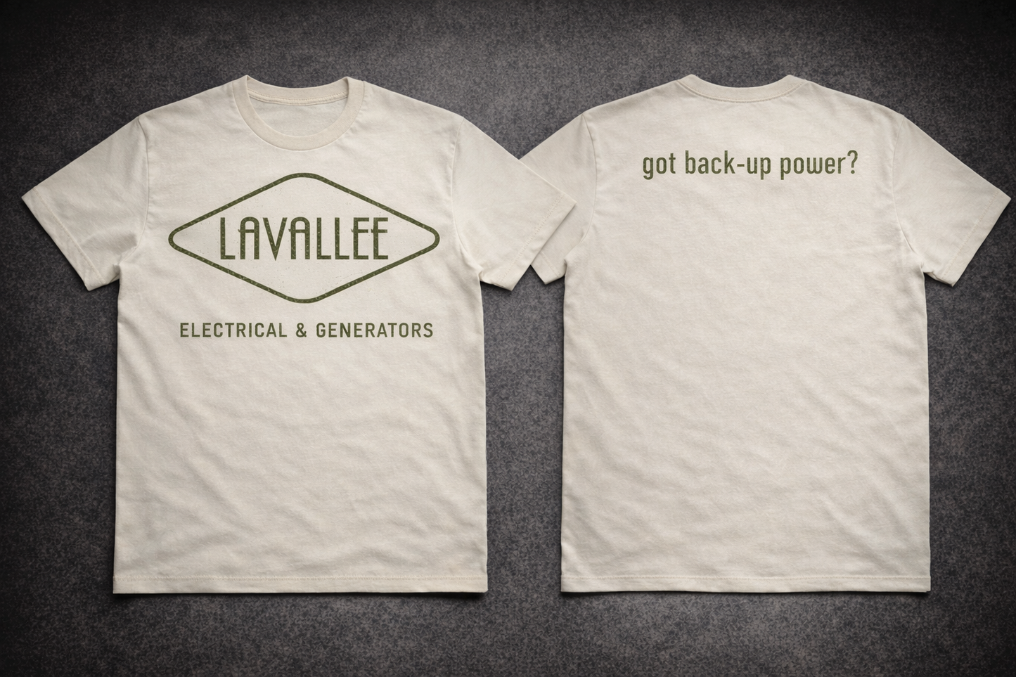 White t-shirt with 'Lavallee Electrical & Generators' logo on front and text on back, displayed on a dark background.