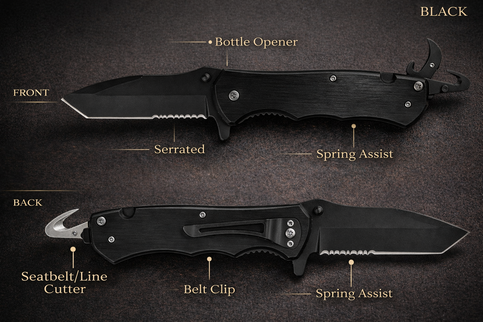 Pocket knife with black handle, serrated edge, spring assist, bottle opener